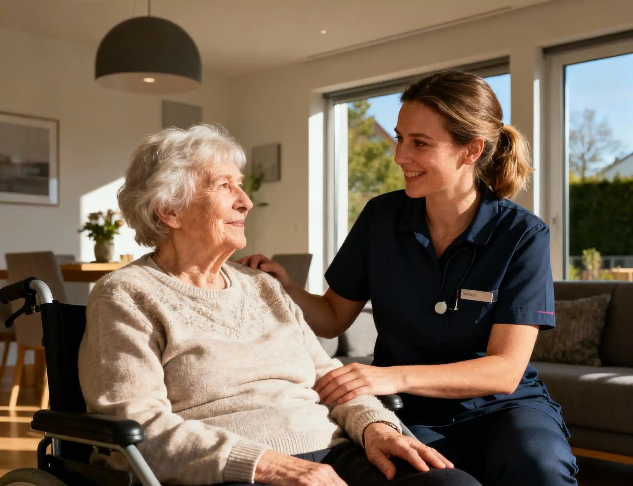 Pflegekraft im vertrauensvollen Gespräch mit einer Seniorin zuhause